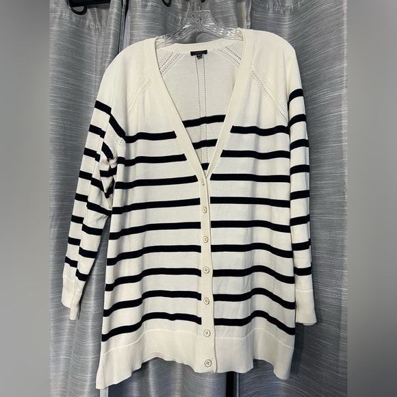 Talbots Navy and White Striped Cardigan Cottagecore Button Down Petite - Picture 2 of 5